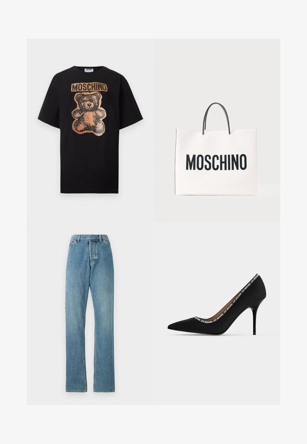 Must lühikeste varrukatega T-särk, millel on vasevärvilise nunnutõllukese graafika ja rinduüleval pool pronksika tekstiga "MOSCHINO".; Heledad sinine denimsinised püksid sirge lõikega, viie taskuga stiil ja nähtav vöökoht. Tekstuur on veidi kulunud, kuid terviklik.; Must varbakujuline kõrge kontsaga king, millel on stilettokonts ja "LOVE MOSCHINO" tekstiäärisega ava serval, külgvaade valgel taustal.; Valge ristkülikukujuline käekott mustade sangadega ja suur must "MOSCHINO" tekst ees ühevärvilise taustaga.