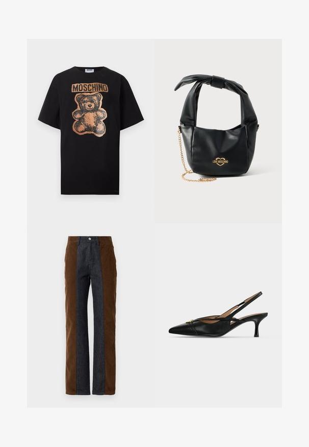 Sort T-shirt med korte ærmer med en kobberfarvet teddybjørn-grafik og fed "MOSCHINO" tekst over bjørnen på brystet.; Corduroy- og denimbukser med lodret panelering i mørkebrun og navy blå, med lige pasform og standard fem-lomme design.; Sort læder spids slingback sko med lav killingehæl og guldbeslag foran.; Sort blød læder Love Moschino håndtaske med knyttet håndtag og guldkæde-strop på hvid baggrund.
