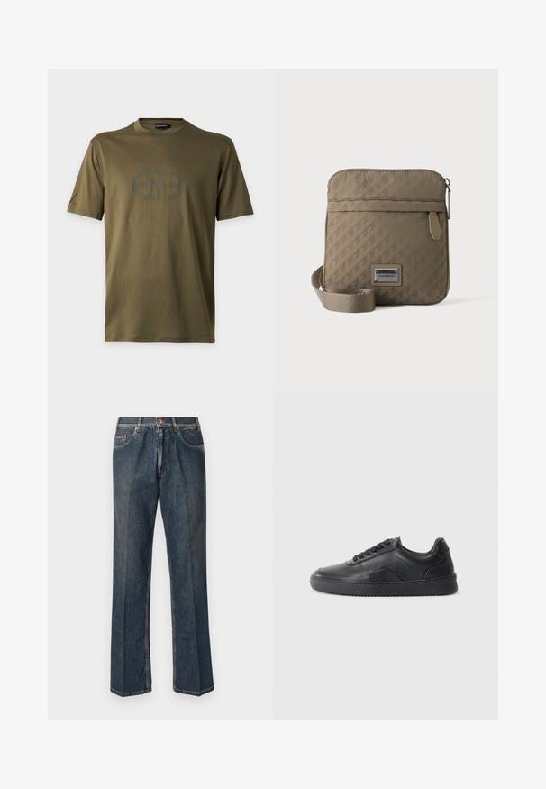 Olivgrünes T-Shirt mit kurzen Ärmeln und Rundhalsausschnitt mit einem dezenten, geprägten ovalen Logo mittig vorne.; Dunkelblaue, gerade Jeans aus Denim mit vorderem Knopf, Reißverschluss, doppelten vorderen Taschen und sichtbaren vertikalen Falten entlang der Beine.; Schwarze Leder-Sneaker mit glatter Oberfläche, abgerundeter Zehenpartie, strukturiertem Seitenpaneel und schwarzen Schnürsenkeln. Verfügt über eine flache Gummisohle und ein minimalistisches Design.; Beige Crossbody-Tasche mit verstellbarem Riemen, vorderer Reißverschlusstasche und geprägt geometrischem Muster, mit kleinem Metall-Logo-Schild.