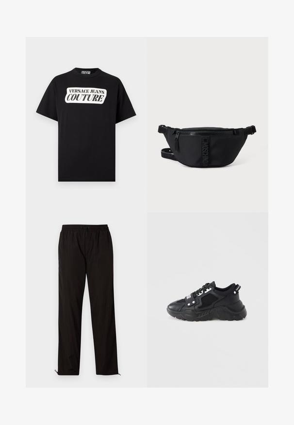 Sort kortærmet t-shirt med hvidt rektangulært logo med teksten "VERSACE JEANS COUTURE" centreret på brystet.; Sorte letvægtsbukser med elastisk talje, snørrelseslukning og lynlåse i kanten for justerbar pasform. Glat, elegant tekstur.; Sort sneaker med en kraftig sål, der har meshpaneler og læderdetaljer. Indeholder hvide snørebånd og mærke på siden.; Sort Moschino bæltetaske med frontlynlås og justerbar rem på en ensfarvet lys baggrund.