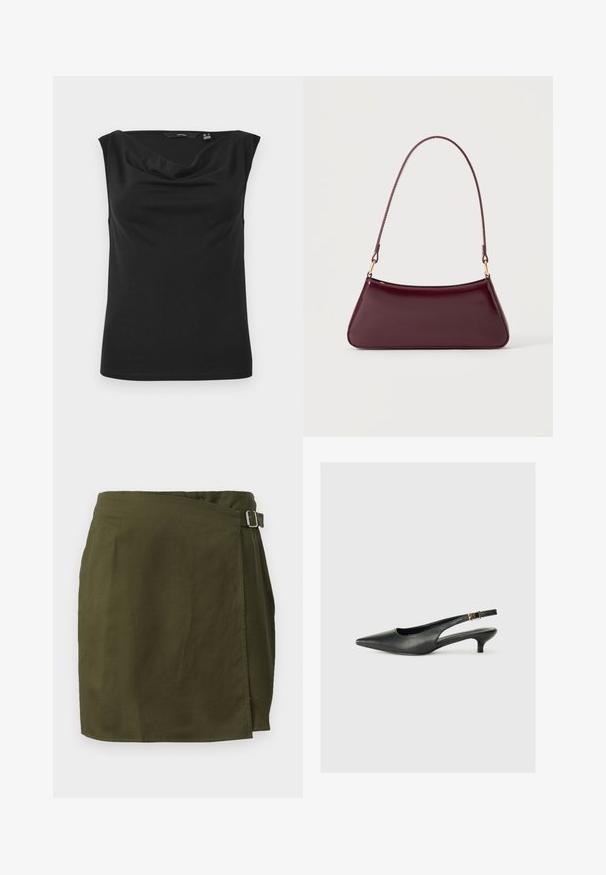 Haut noir sans manches en tissu lisse et extensible ; il présente un décolleté drapé et une silhouette ajustée avec un ourlet droit.; Jupe portefeuille en vert olive dans un tissu léger, avec une fermeture à boucle sur le côté et un ourlet légèrement asymétrique. Texture lisse.; Chaussure slingback noire à bout pointu en cuir lisse. Présente un talon fin et un détail de boucle sur la sangle réglable.; Sac à main brillant bordeaux foncé avec une anse fine unique et une forme trapézoïdale élégante sur un fond clair uni.