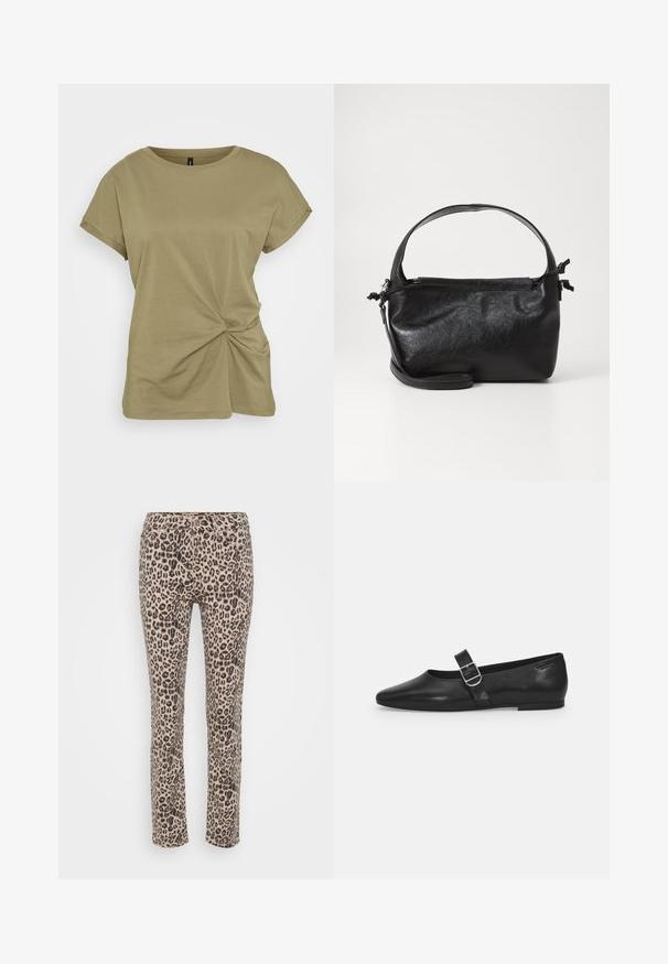 Olivgrünes Kurzarm-T-Shirt aus weicher Baumwolle mit einem gedrehten Knoten-Detail an der Seite und einem gerippten runden Ausschnitt.; Leopardenmuster-Hose in Beige mit schwarzen Flecken. Sie verfügt über eine schlanke Passform, ein Five-Pocket-Design und einen Reißverschluss mit Knopfverschluss.; Schwarzer Lederflatschuh mit runder Zehenform, einem verstellbaren Schnallenriemen und einer glatten, glänzenden Oberfläche. Minimalistisches Design mit einem niedrigen Absatz.; Schwarze Lederhandtasche mit strukturiertem Design, rundem Haltegriff und abnehmbarem Schulterriemen. Sie weist eine glatte Oberfläche und einen subtilen Glanz auf.