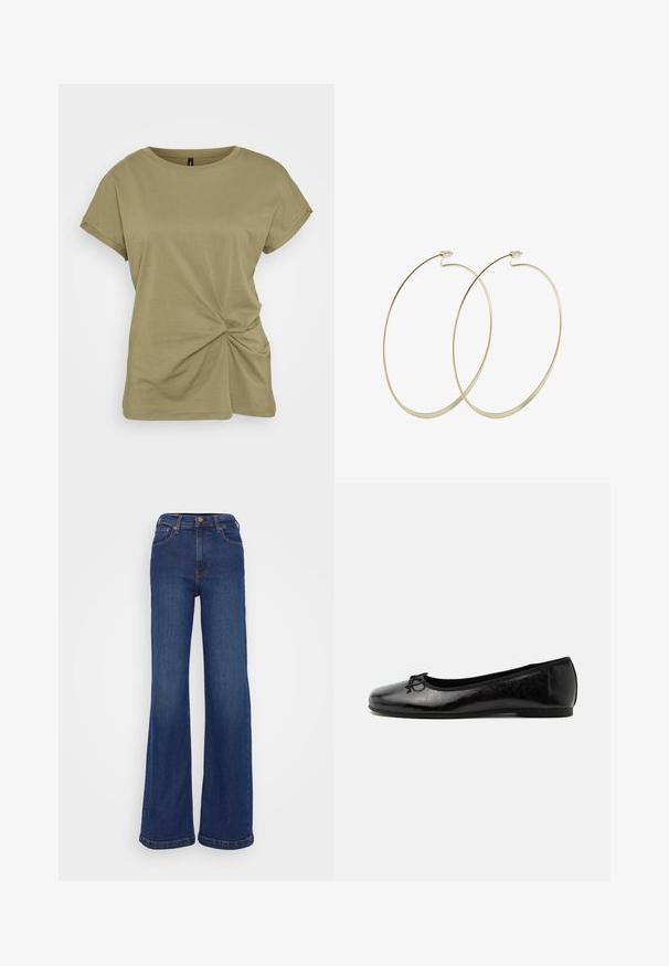 Olijfgroene T-shirt met korte mouwen, gemaakt van zachte katoen, met een gedraaide knoopdetail aan de zijkant en een geribde ronde halslijn.; Wijd-uitlopende jeans gemaakt van donkerblauwe denim. Heeft een hoge taille, vijf-pocket ontwerp en subtiele stiksels op de naden.; Zwarte glanzende leren ballerina met lage hak en kleine decoratieve strik aan de voorkant, zijaanzicht op een effen lichte achtergrond.; Pilgrim Oorbellen - gold-coloured