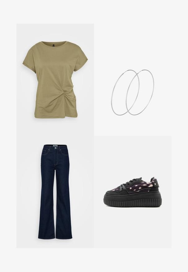 Olivenfarvet T-shirt med korte ærmer lavet af blød bomuld, med en snoet knudedetalje på siden og en ribbet rund halsudskæring.; ONLY Tall ONLJUICY WIDE RINSE - Wide leg - dark blue denim; Sort platform-sneaker med tyk rillede sål, sorte snørebånd og mørkelilla stofoverdel med pletter, sidevisning på hvid baggrund.; Sølvøreringe med et minimalistisk design. Cirkulær form, glat tekstur og tynd profil. Letvægtige med en poleret overflade.