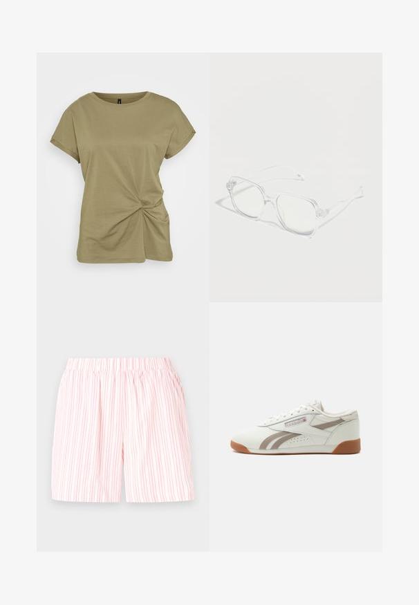 T-shirt vert olive à manches courtes en coton doux, avec un détail de nœud tordu sur le côté, et un col rond côtelé.; Shorts en coton léger avec un motif rayé vertical rose et blanc, dotés d'une taille élastique pour le confort et la facilité d'enfilage.; Basket basse blanche avec des accents de rayures gris clair, semelle en gomme et logo Reebok avec drapeau britannique sur le côté, présentée sur un fond uni.; Lunettes rectangulaires transparentes avec montures et branches claires, placées sur une surface blanche avec des ombres douces.
