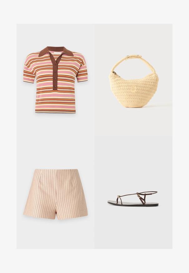 Korte mouwen polo met een bruine kraag, voorzien van horizontale strepen in roze, geel en roodtinten. Vijf knopen aan de voorkant.; Gestreepte shorts in een lichtbeige stof met dunne rode verticale lijnen. Heeft een vlakke voorkant met minimale plooien en een rechte snit.; Bruine leren sandaal met dunne banden, een gouden cirkelaccent en een platte zool. Minimalistisch ontwerp met een verstelbare gesp.; Beige geweven handtas met afgerond lichaam, ritssluiting en een korte, dikke band in een eenvoudige, gestructureerde haakstijl.