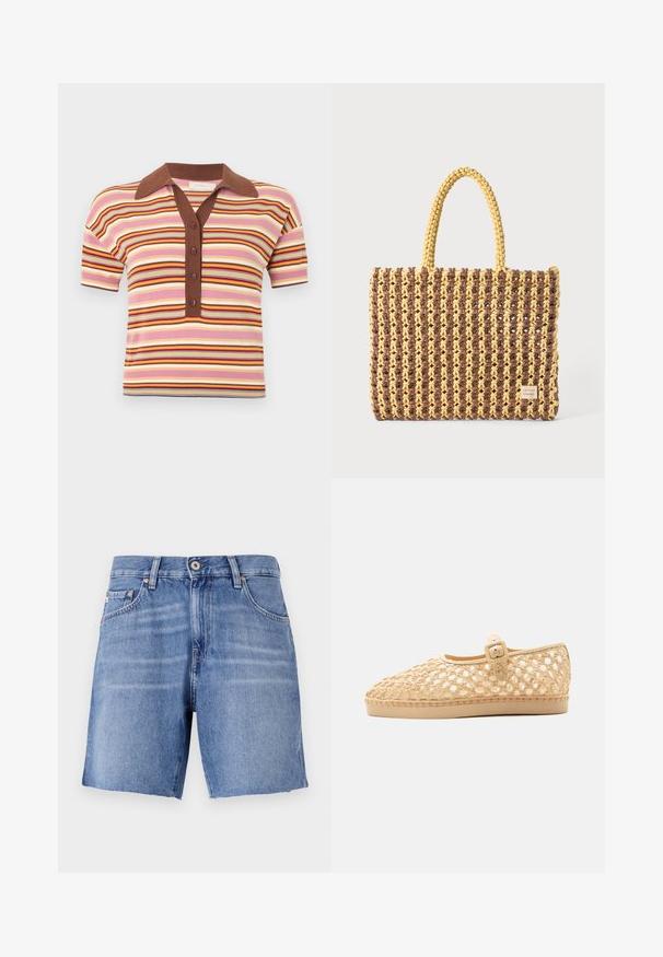 Korte mouwen polo met een bruine kraag, voorzien van horizontale strepen in roze, geel en roodtinten. Vijf knopen aan de voorkant.; Lichtblauwe denimshorts met een recht model, verbrokkelde zoom, vijf zakken en sluiting met een metalen knoop. De stof heeft een gladde textuur met een lichte vervaging.; Beige gevlochten platte schoen met gesloten neus, verstelbare gespband en lage zool op witte achtergrond.; Geweven tas in bruin en geel, met een rechthoekige vorm, twee handvatten en een textuurafwerking met zichtbare stiksels en een merketiket.