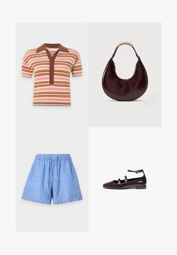 Polo à manches courtes avec un col marron, présentant des rayures horizontales dans des tons de rose, jaune et rouge. Fermeture à l'avant avec cinq boutons.; Shorts bleu clair en coton avec des rayures blanches verticales. Comprend une taille élastique et une coupe large et décontractée.; Ballerines en cuir verni marron avec un bout pointu, présentant deux sangles réglables et des boucles en argent, ainsi qu'un petit talon carré.; Sac à main en cuir marron foncé en forme de croissant avec une poignée courte ornée d'un accent en métal doré et une fermeture éclair latérale.