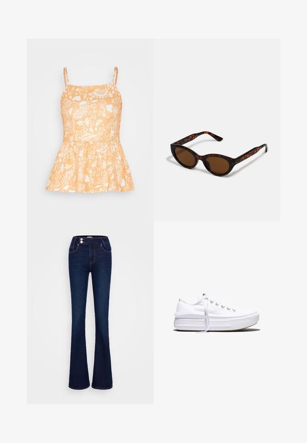 Anna Field by Zalando Top - orange; Mørkeblå jeans med vidde, lavet af denim, med høj talje, to forlommer og lynlås- og knaplukning med kontrastsyning.; Hvid lavt snørestøvle med tyk plateau-sål, snørelukning foran og gummiforstærket tåkap, set i sideprofil.; Brune skildpadde solbriller med en vintage katteøje-form og brune linser. Har buede arme med røde detaljer.
