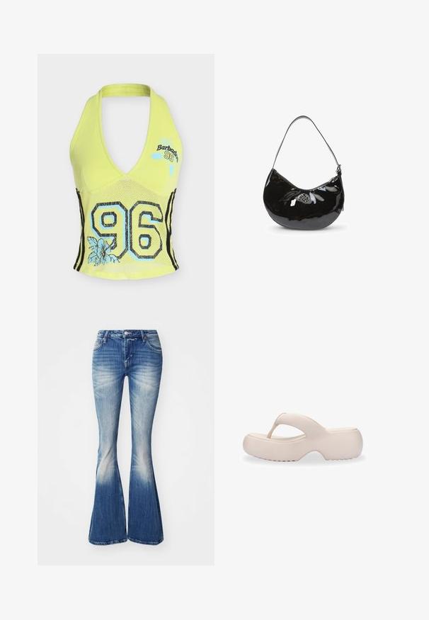 Top amarillo de tirantes con sección media de malla, gran número "96" en negro y azul, diseños florales azules y texto "Barbados 96" en el pecho.; Jeans acampanados azules de mezclilla con un lavado desgastado. Incluyen una cintura ajustada, diseño de cinco bolsillos y ligero desgaste en los dobladillos.; Melissa FREE FUZZY - Sandalias de dedo - beige; Bolso de mano de charol negro con forma curva, correa para el hombro única, cierre de cremallera y un logotipo metálico decorativo. Textura suave.