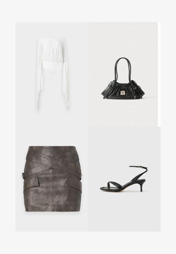 Hvid off-shoulder cropped top med rynket elastisk halsudskæring og ærmer, lange asymmetriske flagrende ærmer og en tætsiddende taljebånd.; Mørkegrå faux læder mini nederdel med et asymmetrisk design, der har crossover-detaljer og sidelommer med et metallic hardware accent.; Sort damesandal i læder med tynde remme, en tå-loop, ankelspænde og en mellemhøj stiletthæl på en neutral baggrund.; Sort læder håndtaske med draperet top, dobbelte skulderremme, sidelommer med lynlås og sølvlås mærket "Marc Jacobs" med en lille nøglecharme.