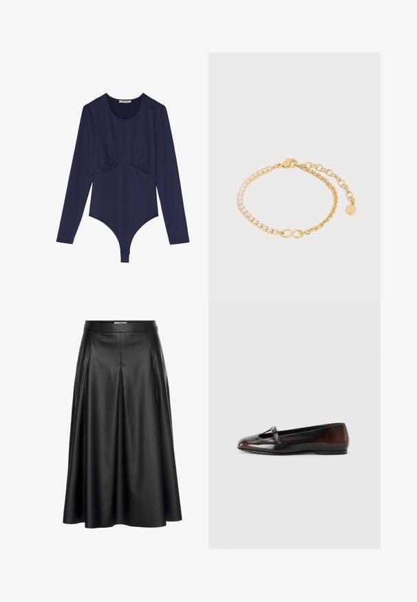 Marineblauwe long-sleeve bodysuit met een ronde halslijn, plooidetail bij de taille en een thong-stijl onderkant. Zachte, rekbare stof.; Zwarte leren maxi-rok met hoge taille, geplooid ontwerp en gladde textuur. Benadrukt een vloeiende silhouet.; Bruine leren platte schoen met een ronde neus en een middelste band. Glad textuur met een lichte glanzende afwerking. Slank, minimalistisch ontwerp.; Gouden kettingarmband met kleine heldere stenen aan de ene kant en verstelbare schakels met een karabijnsluiting aan de andere kant.