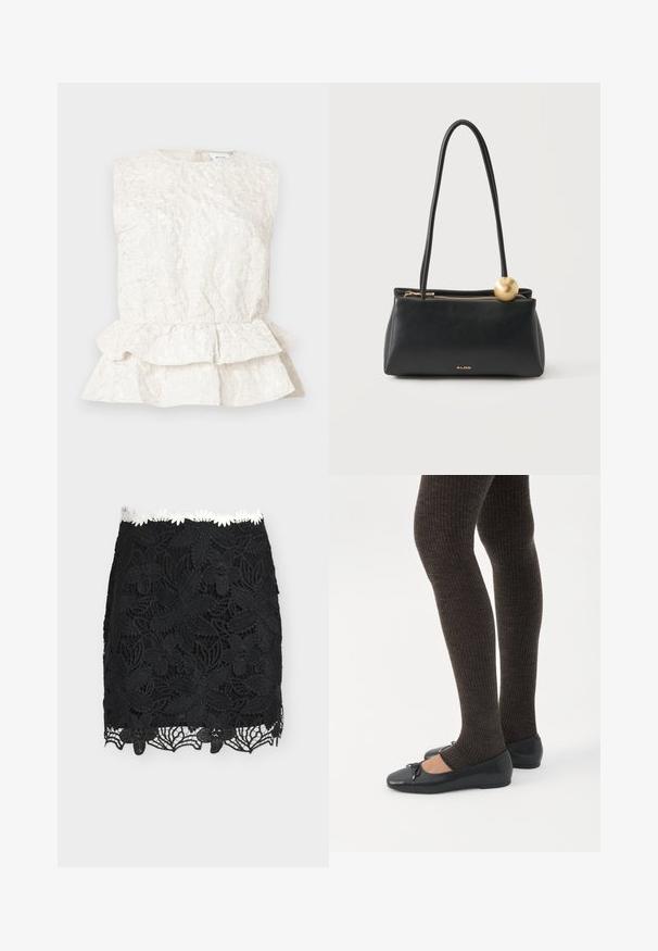 Blouse sans manches de couleur crème avec un tissu texturé et froissé, dotée d'un ourlet peplum superposé. Présente un col rond et une fermeture au dos.; Mini-jupe en dentelle noire à motifs floraux avec un bord en marguerites blanches à la taille, présentant des détails découpés complexes le long de l'ourlet.; Jambes portant des leggings côtelés foncés associés à des ballerines noires avec de petits détails en nœud sur fond blanc.; Sac à main rectangulaire en cuir noir avec longues anses, fermeture éclair dorée, breloque sphérique dorée et petit logo ALDO au centre avant.