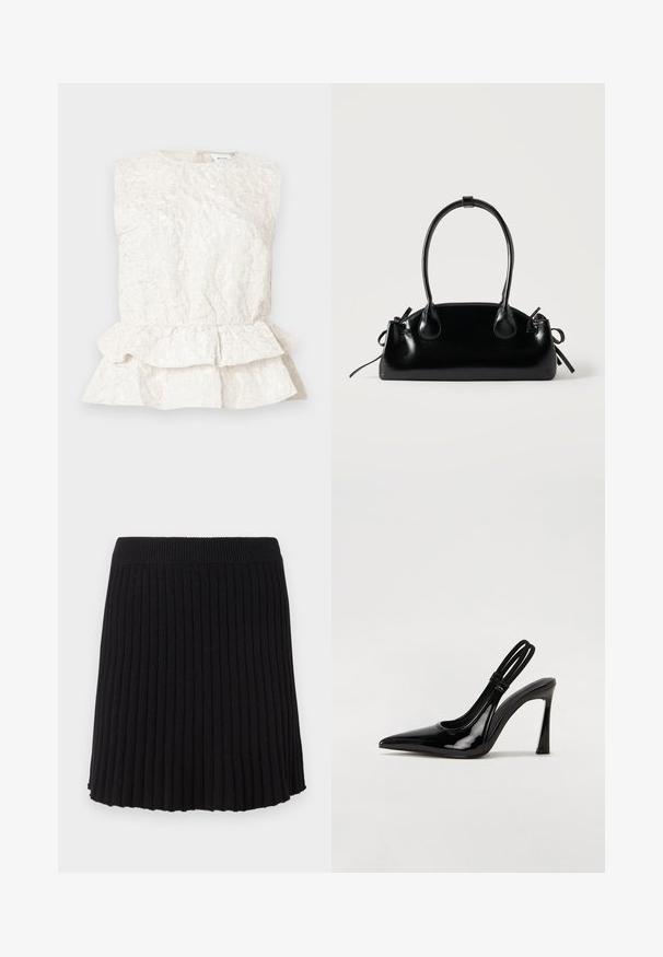Blusa sin mangas de color crema con una tela texturizada y arrugada, y un bajo de peplum en capas. Presenta un escote redondo y cierre en la parte posterior.; Falda de punto negra con canalé y una cinturilla ancha, que presenta pliegues verticales y un dobladillo acampanado. Textura uniforme en toda la prenda.; Zapato de tacón con tirante en negro de charol, punta afilada, tacón alto y delgado, y doble tira elástica para un ajuste seguro. Superficie suave y brillante.; Pequeño bolso negro brillante con dos asas largas y detalles de cordón lateral sobre un fondo claro liso.