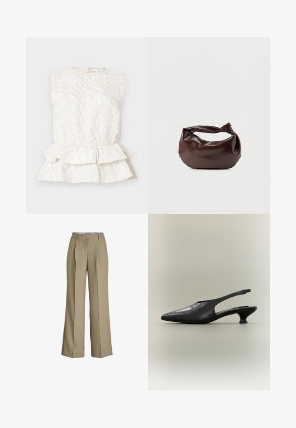 Blusa sin mangas de color crema con una tela texturizada y arrugada, y un bajo de peplum en capas. Presenta un escote redondo y cierre en la parte posterior.; Pantalones de pierna ancha beige con una cintura alta, pliegues frontales y una textura de tela suave. Diseño clásico con un acabado a medida.; Zapato slingback de cuero negro con punta afilada y tacón bajo tipo kitten sobre fondo neutro.; Bolso de hombro de cuero marrón oscuro con una forma suave y caída, y un asa con nudo torcido sobre un fondo blanco liso.
