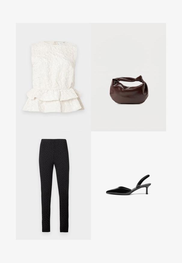Blouse sans manches de couleur crème avec un tissu texturé et froissé, dotée d'un ourlet peplum superposé. Présente un col rond et une fermeture au dos.; Pantalons noirs avec une taille élastique, coupe slim et motif à pois blancs sur l'ensemble. Tissu doux offrant confort et flexibilité.; Escarpins à talon aiguille en cuir verni noir, avec un bout pointu, un talon aiguille bas et un design élégant et simple sans embellissements.; Sac bandoulière en cuir marron foncé avec une forme souple et décontractée et une anse nouée torsadée sur un fond blanc uni.