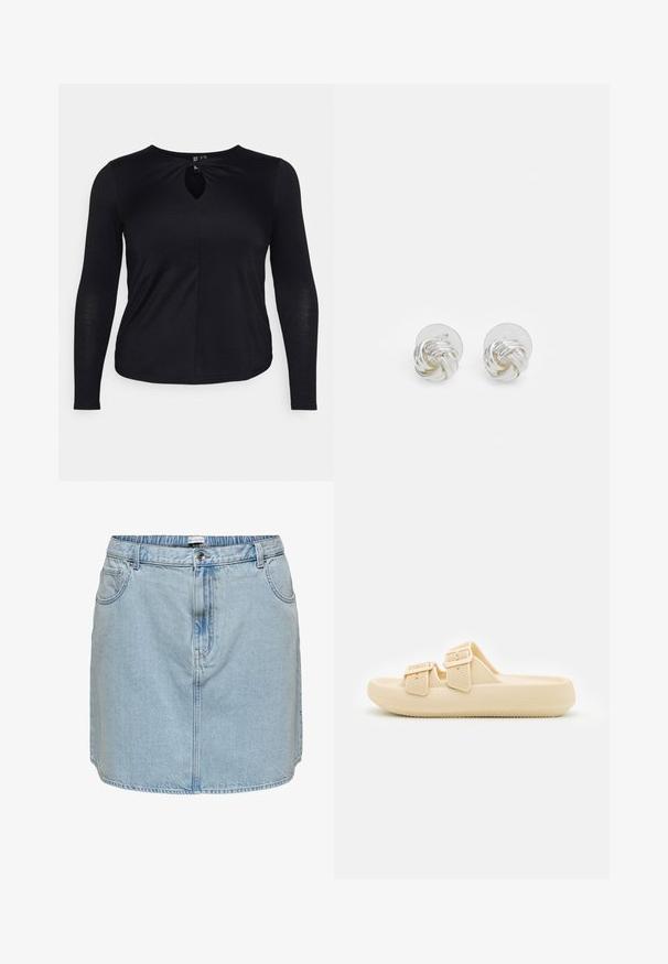 Pieces Curve PCMINA - Longsleeve - black; Lichtblauwe denimrok met riemlussen, knoop- en ritssluiting aan de voorkant en zijzakken, licht gebogen zoom.; Beige instappers met een gestructureerde bovenkant, verstelbare gespbandjes en een dikke, gevoerde zool. Lichtgewicht ontwerp dat geschikt is voor casual gebruik.; Zilverkleurige studoorbellen met een gedraaide knoopontwerp, afgewerkt met een glanzende afwerking en transparante achterkant.