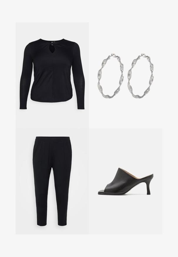 Pieces Curve PCMINA - T-shirt à manches longues - black; Pantalon noir avec une coupe décontractée, taille élastique et plis discrets. Fabriqué dans un tissu doux, avec des jambes fuselées et sans poches.; Selected ASHLEY - Mules à talons - black; Boucles d'oreilles en argent en forme de créoles avec un design torsadé, présentant une surface texturée et un fermoir sécurisé. Légères et réfléchissantes avec une finition élégante.