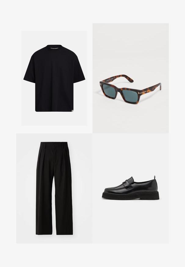 T-shirt noir surdimensionné à manches courtes et col rond, avec une petite étiquette rectangulaire de couleur blanc cassé en bas de l'ourlet, sur un fond gris clair.; Pantalons larges noirs avec une texture lisse, dotés de deux plis avant, d'une fermeture à bouton et de poches latérales. Tissu durable.; Chaussures en cuir noir de style mocassin avec une semelle plate et texturée, présentant un bout piqué et une sangle traversant le cou-de-pied.; Lunettes de soleil rectangulaires écaille avec verres foncés et subtils accents dorés sur les branches, marquées Tom Ford sur le verre.