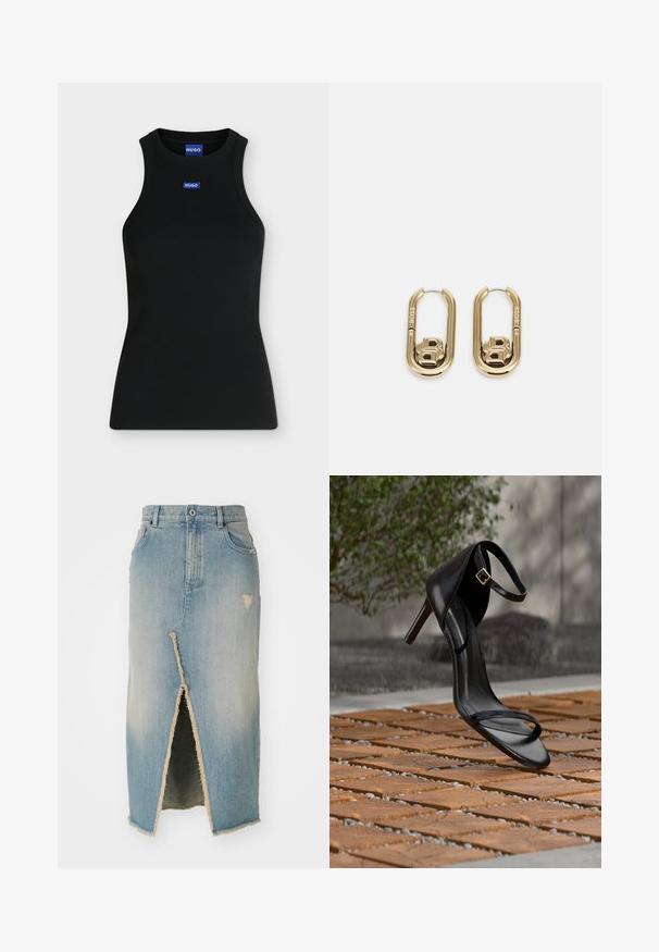 Sort ærmeløs tanktop med rund hals og lille blåt Hugo-logo på brystet og indersiden af kraven.; Denim nederdel, lyseblå, midtlængde med frayed kant. Har en frontslids og slidte detaljer nær taljen og kanten.; Sort højhælet sandal med ankelsnor, der ser ud til at svæve over et trægulv udendørs med sløret grønt og sten i baggrunden.; BOSS DOUBLE B SWING - Øreringe - gold-coloured