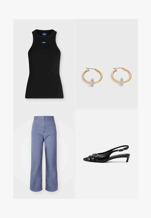 Zwarte mouwloze tanktop met ronde hals en klein blauw Hugo-logo op de borst en aan de binnenkant van de kraag.; Lichtblauwe wijd-uitlopende jeans van denim, met een hoge taille, sluiting met voorknop en zichtbare stiksels op de zakken en naden.; Zwarte leren slingback schoen met puntige neus, drie zilveren gespen aan de voorkant en lage kittenhak op witte achtergrond.; Paar goudkleurige creolen met kleine zilverkleurige lusdetail op elk, weergegeven tegen een lichtgrijze achtergrond.