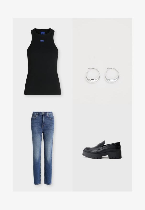 Μαύρο αμάνικο τοπ με στρογγυλή λαιμόκοψη και μικρό μπλε λογότυπο Hugo στο στήθος και μέσα στον γιακά.; Τζιν μεσαίου μπλε χρώματος, ψηλή μέση, ίσια γραμμή, με μπροστινές τσέπες, θηλιές για ζώνη, κούμπωμα με κουμπί και διακριτικές ξεθωριασμένες λεπτομέρειες στους μηρούς και τα γόνατα.; Μαύρος χοντρός πλατφόρμα λόφερ με λεία δερμάτινη επάνω επιφάνεια, διακοσμητική ζώνη και παχιά υφή σόλας σε άσπρο φόντο.; Ασημένια σκουλαρίκια δαχτυλίδια με γυαλιστερή επιφάνεια και σήμα DKNY, τοποθετημένα μπροστά σε λευκό φόντο.
