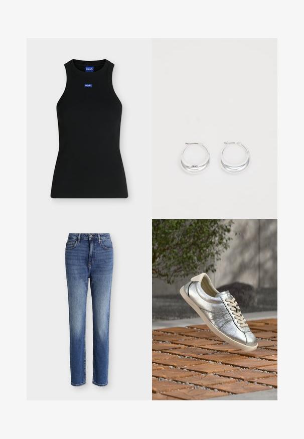 Schwarzes ärmelloses Tanktop mit Rundhalsausschnitt und kleinem blauem Hugo-Logo auf der Brust und innen am Kragen.; Midblaue Jeans mit hoher Taille und geradem Bein, vorne Taschen, Gürtelschlaufen, Knopfverschluss und dezenten, ausgewaschenen Details an Oberschenkeln und Knien.; Silberner Ledersneaker mit beigen Schnürsenkeln und Sohle, der über einer strukturierten Holz- und Kiesoberfläche im Freien schwebt.; Silberne Creolen mit glänzender Oberfläche und DKNY-Logo, vor einem schlichten weißen Hintergrund präsentiert.