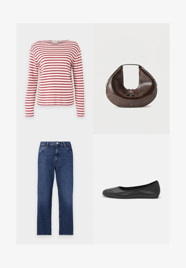 CLOSED LONG SLEEVE - Langærmet T-shirt - cherry red; Denim jeans i en mørkeblå vask. Lige ben-design med fem-lomme stil, front lukning med knap og kontrasterende syning.; Sort læderballetsko med rund tå, glat tekstur, minimal syning og et fleksibelt såldesign.; Mørkebrun, halvmåneformet læderhåndtaske med top-håndtag og to lynlåse, vist mod en ensfarvet lys baggrund.