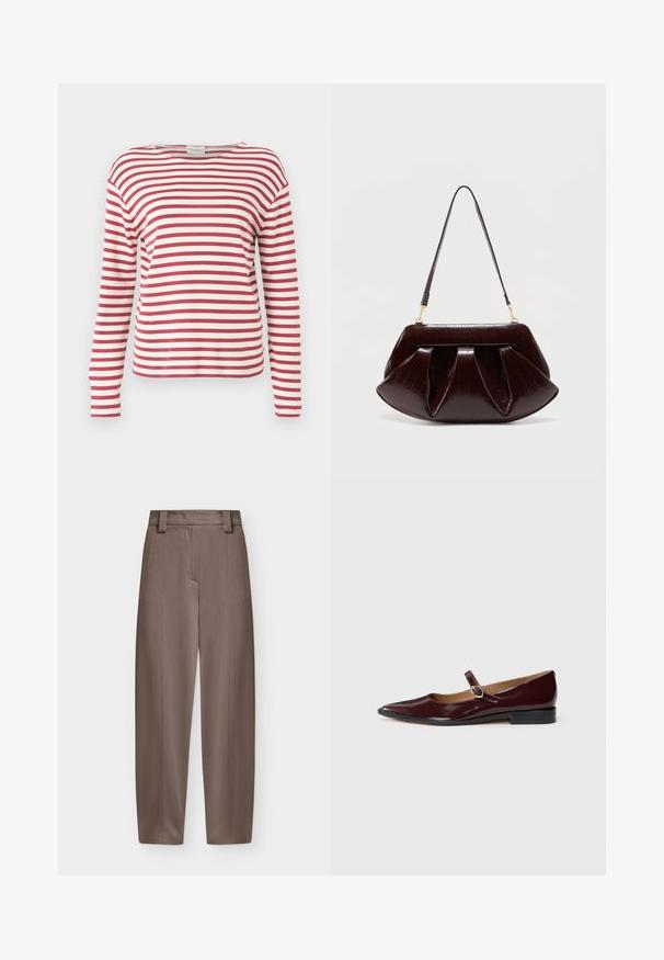 CLOSED LONG SLEEVE - T-shirt à manches longues - cherry red; Pantalon marron taille haute à jambes droites avec passants pour ceinture et plis marqués nets à l'avant et à l'arrière.; Ballerines en cuir verni bordeaux de type Mary Jane avec un bout pointu, un talon plat et une sangle décorative avec une boucle circulaire.; Sac à main en cuir marron foncé avec plis froncés, ferrures dorées et une seule bandoulière, sur un fond clair uni.