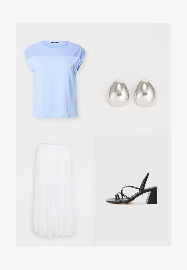 Top azul claro de manga corta con patrón floral de encaje en la parte superior del pecho y los hombros, escote redondo y ajuste holgado.; Falda maxi blanca en capas, hecha de tela ligera, con una cinturilla elástica y una textura fluida con sutiles detalles de fruncido.; Sandalias de tacón negro con puntera cuadrada, que presentan múltiples correas delgadas y un tacón geométrico en bloque. Textura de piel suave y diseño minimalista.; Pendientes de oreja metálicos plateados con un diseño suave y redondeado que recuerda a la forma de una gota, con una superficie reflectante y un acabado sin costuras.