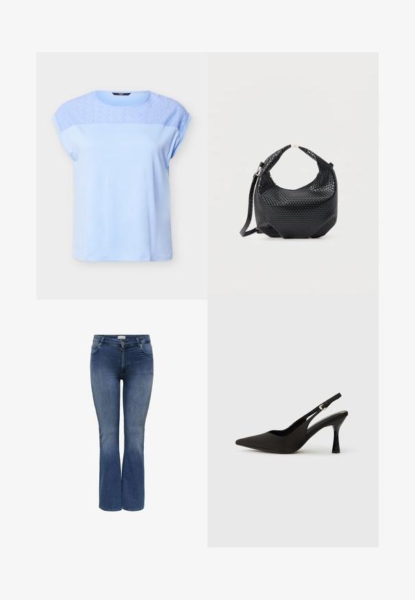 Lichtblauw topje met korte mouwen, een bloemenpatroon van kant boven op de borst en schouders, een ronde halslijn en een losse pasvorm.; Denim flare jeans in medium blauw met een gladde textuur, voorzien van zijzakken en een ritssluiting. Subtiele whisker-details.; Zwarte slingback hakken met een spitse neus, een gladde matte afwerking en een slanke, glanzende hak. Verstelbare band met een klein gespdetail.; Zwart gevlochten lederen handtas met korte handgreep en afneembare schouderriem, getoond tegen een effen lichte achtergrond.