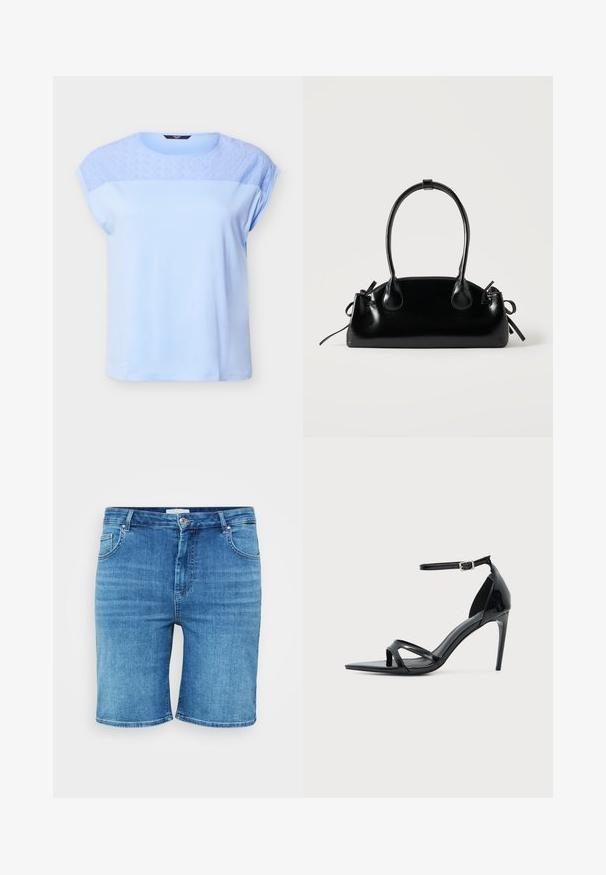 Hellblaues Kurzarmshirt mit Spitzenblumenmuster auf der oberen Brust und den Schultern, rundem Ausschnitt und lässiger Passform.; Jeansshorts in Mittelblau, mit geradem Schnitt, Fünf-Taschen-Design und Knopfverschluss. Weicher Stoff, saubere, gesäumte Kanten.; Schwarze Sandale aus Lackleder mit hohem Absatz, dünnem Knöchelriemen, offenem Zehenbereich und minimalistischem Design auf hellem, einfarbigem Hintergrund.; Kleine schwarze glänzende Handtasche mit zwei langen Griffen und seitlichen Kordelzug-Details vor einfachem hellem Hintergrund.