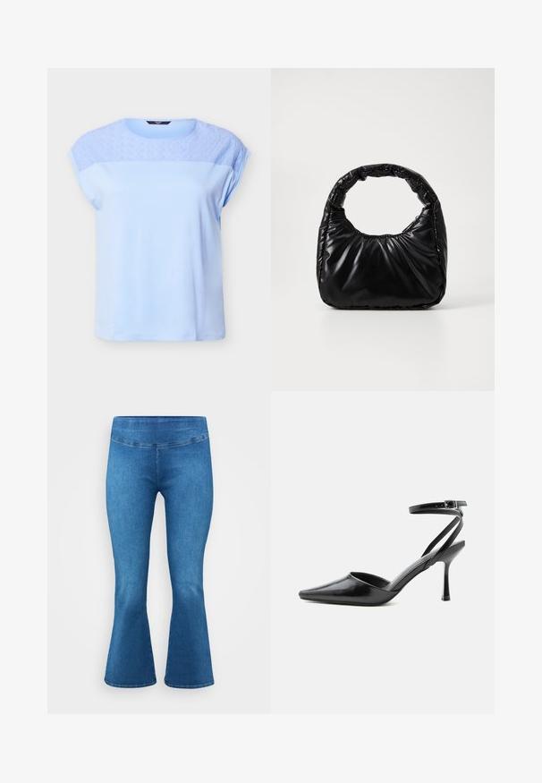 Top azul claro de manga corta con patrón floral de encaje en la parte superior del pecho y los hombros, escote redondo y ajuste holgado.; Pantalones de mezclilla azules acampanados con una cintura de altura media, que presentan una textura suave y un diseño clásico de cinco bolsillos. Terminados con un sutil detalle de costura.; Zapato de tacón alto negro de punta fina con delgadas correas en el tobillo y cierre de hebilla plateada sobre un fondo liso claro.; Bolso negro acolchado con un asa redondeada, que presenta una superficie lisa y brillante y una textura suave y acolchada. Sin herrajes ni acentos visibles.