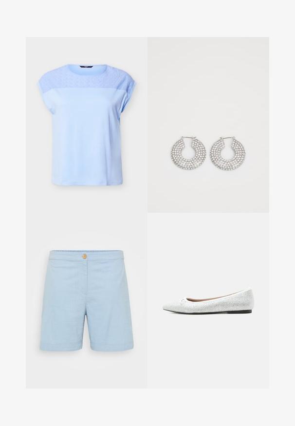 Lyseblå kortærmet top med blonder i blomsterdesign på øvre bryst og skuldre, rund halsudskæring og løs pasform.; Lyseblå shorts lavet af et blødt, struktureret stof. Har en enkelt træknap i livet og en rullet kant.; Sølvglitter balletsko med en lille sløjfe på tåen og flad sort sål på en ensfarvet hvid baggrund.; Sølvøreringe med flere klare krystaludsmykninger, med en struktureret overflade og et åbent rundt design.
