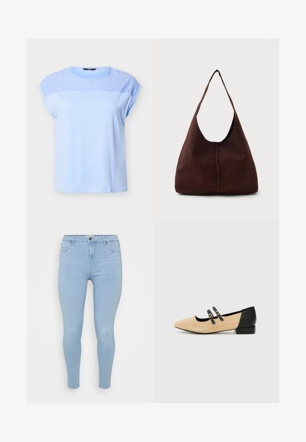 Lyseblå kortærmet top med blonder i blomsterdesign på øvre bryst og skuldre, rund halsudskæring og løs pasform.; Lysblå skinny jeans lavet af denim, med knaplukning, fem lommer og en glat, let falmet tekstur.; Beige læder flad sko med spids tå, sort hæl og to sorte remme henover. Enkel design med en mat tekstur.; Brun suedette hobo taske med en stor, buet åbning og en bred skulderrem. Har en centreret søm på forsiden. Glat tekstur.