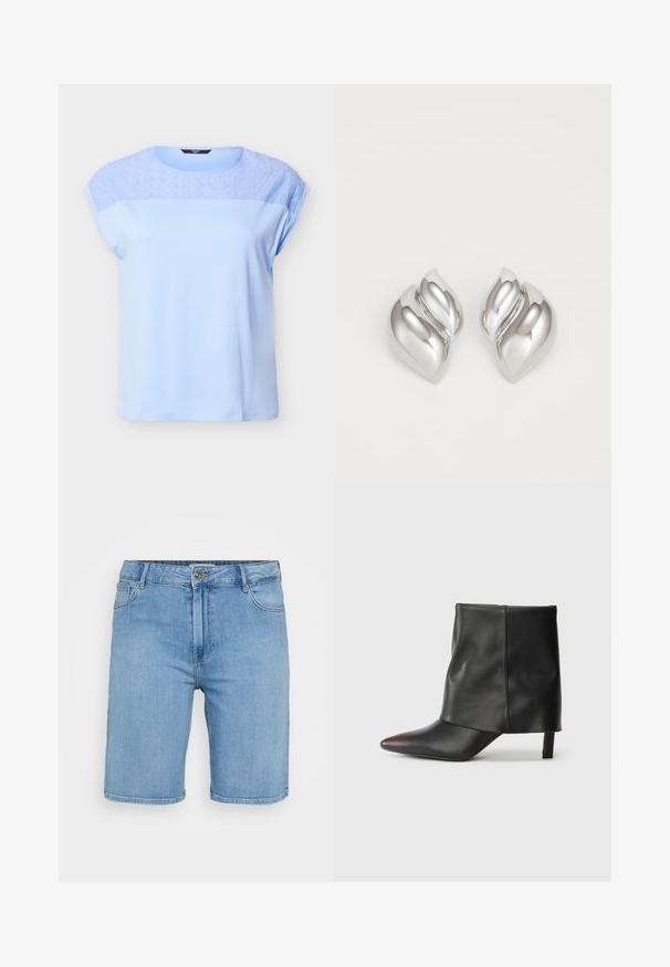 Hellblaues Kurzarmshirt mit Spitzenblumenmuster auf der oberen Brust und den Schultern, rundem Ausschnitt und lässiger Passform.; Helles blaues Denim-Shorts mit klassischem Schnitt, ausgestattet mit einem vorderen Knopfverschluss, Gürtelschlaufen und zwei Seitentaschen. Glatte Textur und gerader Saum.; Schwarzer Knöchelstiefel aus glattem Leder mit spitzer Zehenpartie und schmalem Absatz. Das Obermaterial zeichnet sich durch ein leicht gerafftes Design aus.; Silberne Ohrringe mit einer organischen, abstrakten Form. Glatte, glänzende Oberfläche mit einem konischen Design. Mit dezenten Kurven und einem zentralen Linienelement.