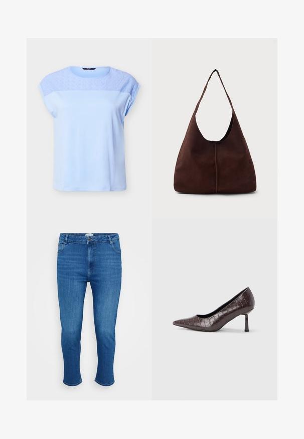 Top azul claro de manga corta con patrón floral de encaje en la parte superior del pecho y los hombros, escote redondo y ajuste holgado.; Jeans de mezclilla azul con cintura alta, cierre de botón y cremallera frontal, cinco bolsillos y un ajuste recto y ajustado.; Tacones puntiagudos de cuero sintético marrón con textura de cocodrilo, con un tacón delgado y angular y un forro interior suave.; Bolso hobo de ante marrón con una gran apertura curvada y una amplia correa para el hombro. Presenta una costura centrada en la parte frontal. Textura suave.