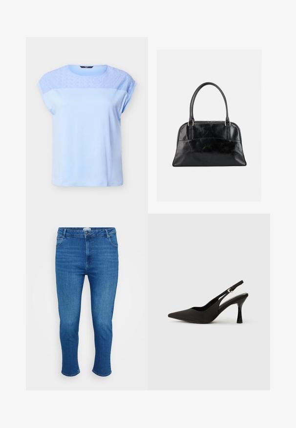 Lichtblauw topje met korte mouwen, een bloemenpatroon van kant boven op de borst en schouders, een ronde halslijn en een losse pasvorm.; Blauwe denim jeans met een hoge taille, voorknop en rits, vijf zakken en een slim rechte pasvorm.; Zwarte slingback hakken met een spitse neus, een gladde matte afwerking en een slanke, glanzende hak. Verstelbare band met een klein gespdetail.; Zwarte leren handtas met twee afgeronde bovenhandvatten en een licht gebogen voorvak, weergegeven tegen een effen lichte achtergrond.
