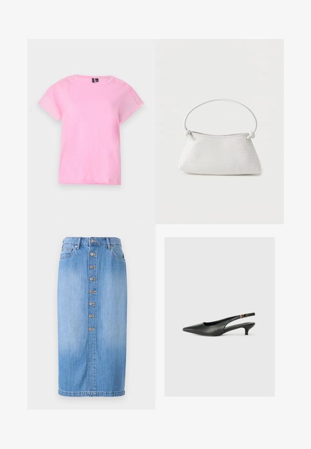 Camiseta de manga corta rosa claro con detalles de encaje en los hombros, cuello redondo y un corte holgado. Fabricada con un tejido suave y ligero.; Falda midi de mezclilla azul con corte recto, que presenta un cierre frontal de botones, cinco bolsillos y un lavado desgastado para dar textura.; Zapato de tacón slingback negro de punta afilada, hecho de cuero suave. Presenta un tacón delgado y un detalle de hebilla en la correa ajustable.; Bolso de mano de cuero blanco tejido con asa redondeada y extremos de la correa anudados, exhibido sobre un fondo liso.