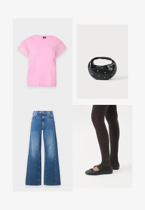 Camiseta de manga corta rosa claro con detalles de encaje en los hombros, cuello redondo y un corte holgado. Fabricada con un tejido suave y ligero.; Vaqueros de mezclilla azul de pierna ancha con cintura alta, que cuentan con bolsillos frontales y un aspecto desgastado, fabricados en algodón con una textura suave.; Piernas con leggings oscuros acanalados combinados con bailarinas negras que presentan pequeños detalles de lazo sobre un fondo blanco.; Bolso de mano de cuero negro con forma redondeada, decorado con detalles de tachuelas plateadas y un asa corta. Textura lisa y cierre con cremallera.