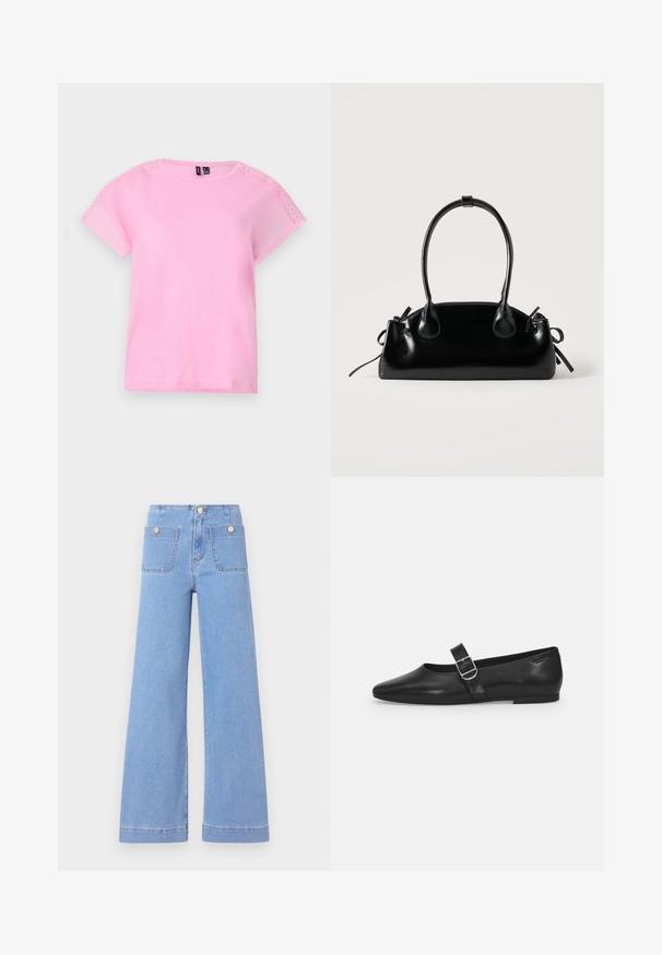 Camiseta de manga corta rosa claro con detalles de encaje en los hombros, cuello redondo y un corte holgado. Fabricada con un tejido suave y ligero.; Jeans de pierna ancha de color azul claro con cintura alta, dos bolsillos traseros y botones en tono dorado. Están confeccionados con denim de textura suave y acabado limpio.; Zapato plano de cuero negro con punta redondeada, una sola correa ajustable con hebilla y una textura suave y brillante. Diseño minimalista con un tacón bajo.; Pequeño bolso negro brillante con dos asas largas y detalles de cordón lateral sobre un fondo claro liso.