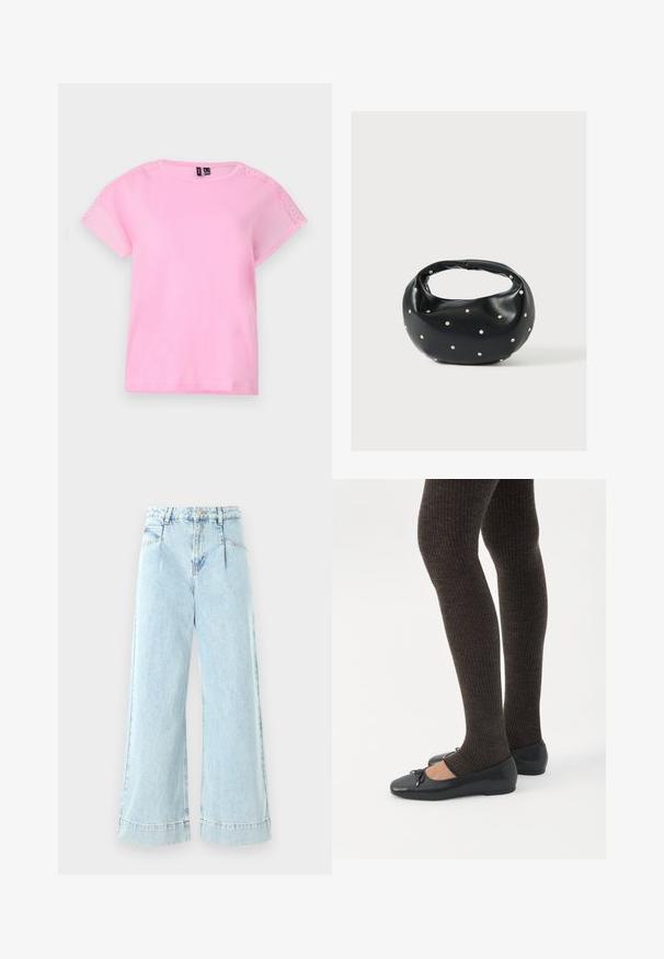 Camiseta de manga corta rosa claro con detalles de encaje en los hombros, cuello redondo y un corte holgado. Fabricada con un tejido suave y ligero.; Jeans de mezclilla de pernera ancha en azul claro, con una cintura alta, bolsillos frontales y detalles cosidos en el dobladillo.; Piernas con leggings oscuros acanalados combinados con bailarinas negras que presentan pequeños detalles de lazo sobre un fondo blanco.; Bolso de mano de cuero negro con forma redondeada, decorado con detalles de tachuelas plateadas y un asa corta. Textura lisa y cierre con cremallera.