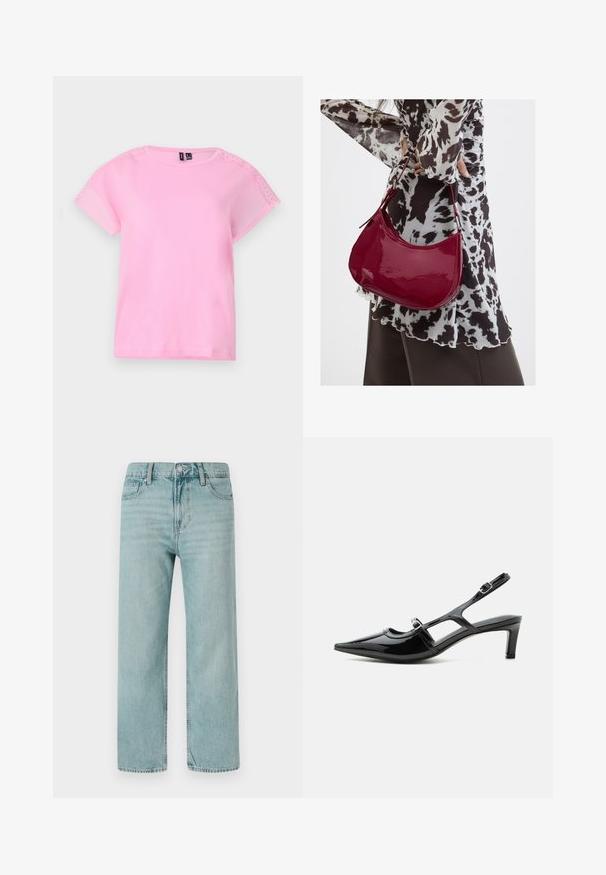 Camiseta de manga corta rosa claro con detalles de encaje en los hombros, cuello redondo y un corte holgado. Fabricada con un tejido suave y ligero.; Jeans de corte ancho en azul claro, confeccionados en denim, con un diseño clásico de cinco bolsillos, líneas limpias y una cinturilla regular con cierre de botón.; Zapato slingback de charol negro con punta puntiaguda, tacón bajo y dos correas ajustables con hebillas, mostrado de perfil lateral.; Mujer con blusa de estampado en blanco y negro sosteniendo un bolso de hombro rojo brillante sobre un fondo liso.