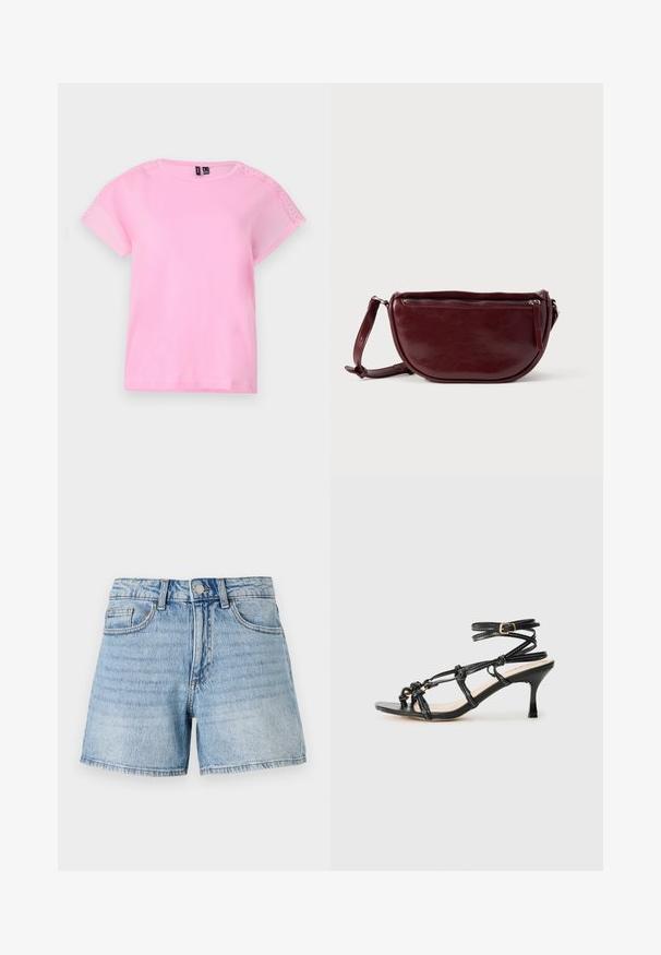 Lichtroze t-shirt met korte mouwen en kantdetails op de schouders, ronde hals en een ontspannen pasvorm. Gemaakt van zachte, lichte stof.; Lichtblauwe denim shorts met een hoge taille, vijf zakken en een rafelige zoom. Voorzien van subtiele vervagingen en gouden stikdetails.; Zwarte patenteren leren hoge hak sandaal met een strappy ontwerp, verstelbare enkelband en knoopdetails. Glad oppervlak, puntige neus.; Dieprode lederen handtas met een halve-maansvorm, een ritssluiting en een afneembare riem. Gladde textuur met een subtiele glans.
