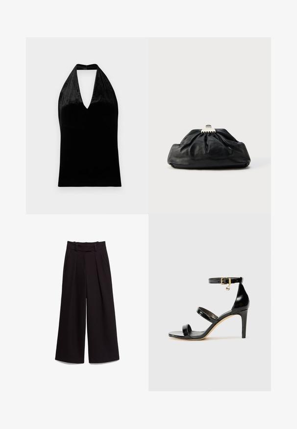 Haut halter en velours noir avec décolleté en V profond et larges bretelles, sans manches avec une texture lisse et douce.; Pantalon noir à jambes larges avec taille haute, passants pour ceinture, poches latérales et plis à l'avant, présenté à plat sur fond blanc.; Sandale en cuir verni noir avec trois brides, boucle de cheville et talon aiguille de 10 cm. Présente un détail en métal doré et un charm logo.; Pochette en cuir noir avec une texture plissée, fermeture à fermoir métallique, et logo embossé discret sur le devant. Forme arrondie.