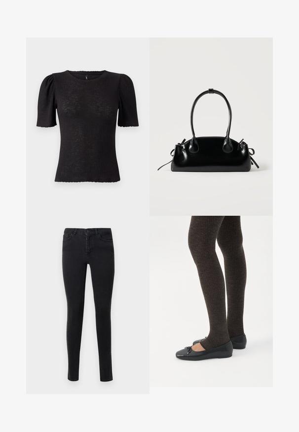 Sort ribstrikket top med korte puffede ærmer, rund halsudskæring, tekstureret stof og bølget kant ved ærmeåbningerne.; Sorte skinny jeans lavet af denim med en glat tekstur. Har forlommer og dekorativ syning langs sidesømmene.; Ben iført mørke ribbede leggings kombineret med sorte balletsko med små sløjfedetaljer på hvid baggrund.; Lille sort blank håndtaske med to lange håndtag og snøre-detaljer i siden på en ensfarvet lys baggrund.