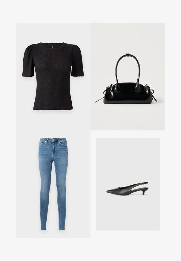 Zwart geribd topje met korte pofmouwen, ronde halslijn, gestructureerde stof en een getand randje bij de mouwopeningen.; Blauwe high waist skinny jeans met voorzakken, riemlussen, knoopsluiting en subtiele vervaging op de dijen en knieën.; Zwarte puntschoen met slingback van soepel leer. Kenmerkt zich door een dunne hak en een gespdetail op de verstelbare band.; Kleine zwarte glanzende handtas met twee lange hengsels en zijkant trekkoord details op een effen lichte achtergrond.