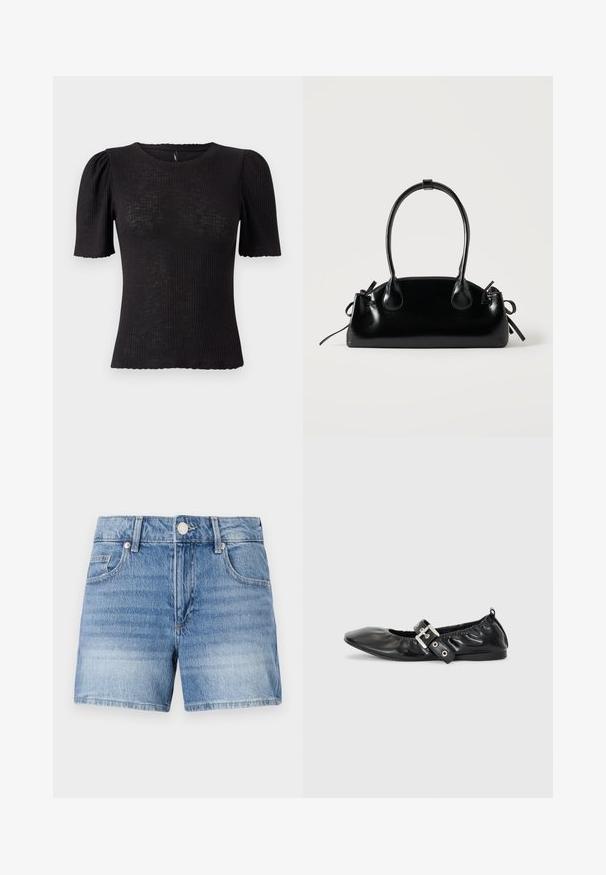 Zwart geribd topje met korte pofmouwen, ronde halslijn, gestructureerde stof en een getand randje bij de mouwopeningen.; Lichtblauwe denimshorts met knoopsluiting aan de voorkant, ritssluiting, lussen voor een riem en voorzakken op een effen witte achtergrond.; Zwarte leren platte schoen met een spitse neus, geplooide details rond de opening en een zilveren gespaccentueerde verstelbare band.; Kleine zwarte glanzende handtas met twee lange hengsels en zijkant trekkoord details op een effen lichte achtergrond.