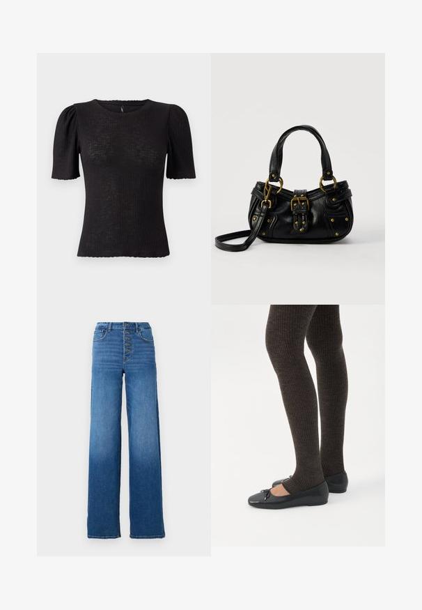 Zwart geribd topje met korte pofmouwen, ronde halslijn, gestructureerde stof en een getand randje bij de mouwopeningen.; Brede blauwe denim jeans met een hoge taille en vijf knopen. Kenmerkt zich door klassieke stiksels en een nette zoom.; Benen met donkere geribbelde leggings gecombineerd met zwarte ballerina's met kleine strikdetails op een witte achtergrond.; Zwarte leren handtas met gouden gesp en klinknagel details, korte handvatten en een verstelbare schouderriem op een effen witte achtergrond.