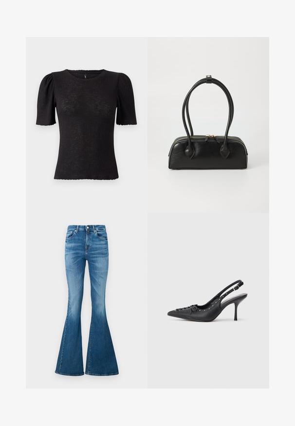 Sort ribstrikket top med korte puffede ærmer, rund halsudskæring, tekstureret stof og bølget kant ved ærmeåbningerne.; Udsvingede jeans lavet af middelvægt denim, med høj talje, lys blå farve, subtil falmning og klassisk fem-lomme design.; Sorte læder slingback stiletto med spids tå, side spændebånd, nitter langs kanten og dekorativ snøring foran.; Sort læder håndtaske med to langstrakte håndtag, lynlåslukning og afrundet form; glat tekstur med en subtil blank finish.